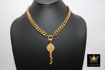 Gold Curb Chain Necklace, Stainless Steel Religious Necklace, St. Benedict Key or Cross, Fleur De Lei Cross - A Girls Gems